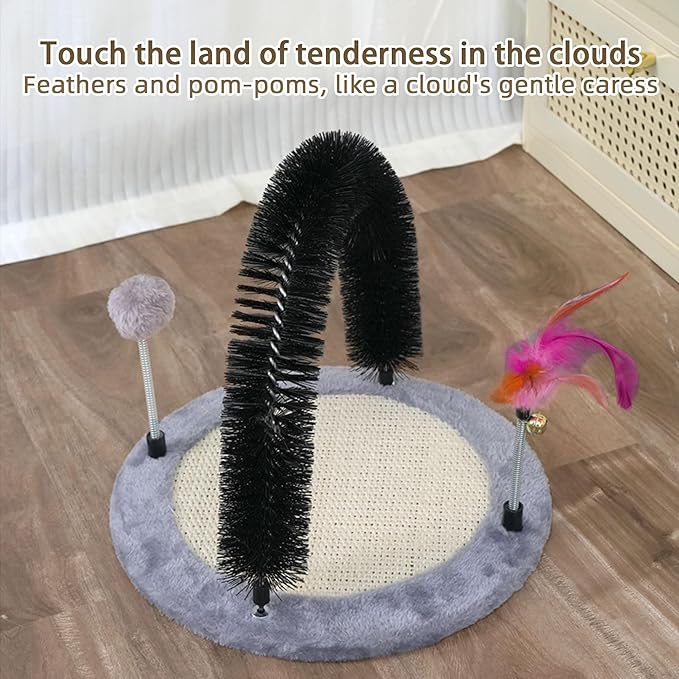 Interactive Toy with Scratching Pads for Indoor Cats,Interactive Cat Toy with Feather Toys and Self-Grooming Brush,Interactive Cat Toy for Indoor Cats,Grey (Round)