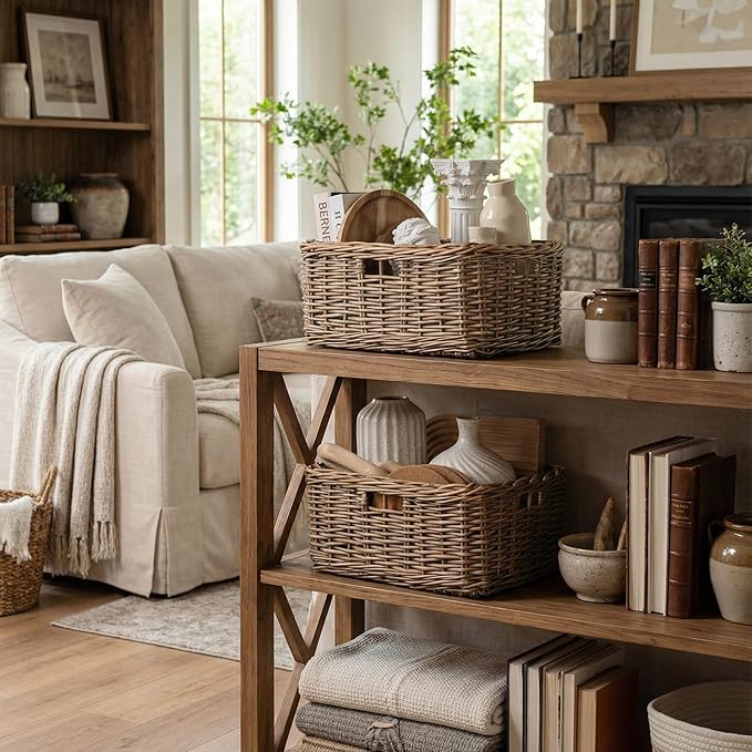 StorageWorks Pantry Baskets, Willow Storage Baskets for Organizing, Shelves, Pantry Organizers and Storage, Light Brown, 15"L x 11"W x 6 ¾"H