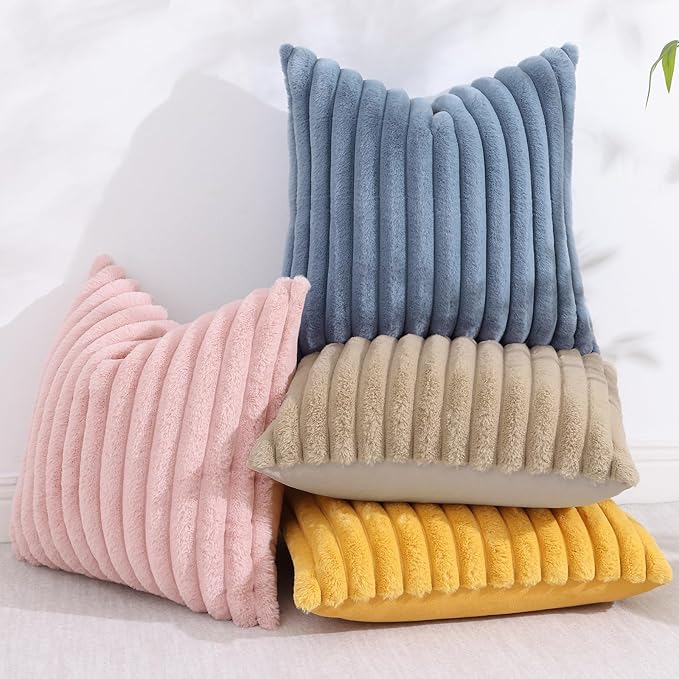 decorUhome Faux Fur Spring Throw Pillow Covers 16x16 Set of 2, Decorative Soft Plush Striped Neutral Couch Pillow Covers with Velvet Back for Sofa, Bed, Living Room Home, Grey Blue