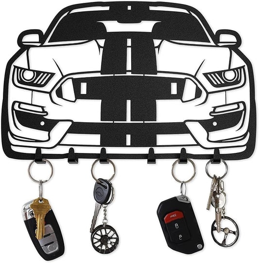 MOOH Key Holder for Wall - Metal Automotive Key Holder With 6 Hooks - Unique Car Gift for Men, Women, Car Lovers & Enthusiasts - Cool Man Cave Decor (Ford Mustang 2021, Black)