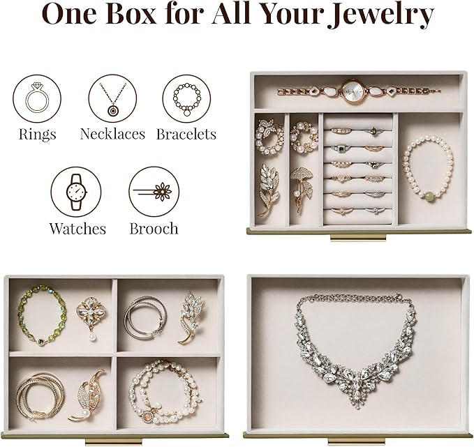 Jewelry Box Organizer Case for Women: 3-Layer Jewelry Storage Case with Glass Window, Olive Green Leather with Cream Velvet, Holder for Ring Necklace Bracelet Brooch Watch, Great Gift for Her