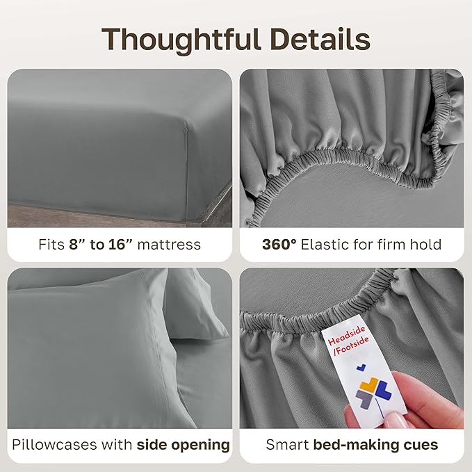 California Design Den Luxury King Size Sheet Set - 100% Cotton, 600 Thread Count Deep Pocket King Sheets, Hotel-Quality Bedding with Sateen Weave - Mist Grey