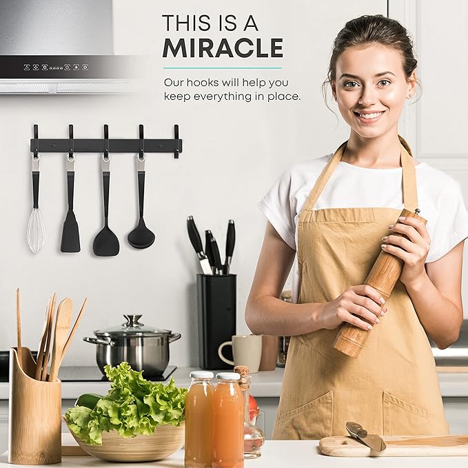 Matte Black Coat Rack Wall Mount – 15 Inch Stainless Steel Hook Rail with 5 Double Coat Hooks – Wall Mounted Entryway Organizer for Coats, Hats, Bags, Towels, Robes, Closet or Bathroom