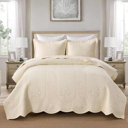 MarCielo 100% Cotton Quilt Set Lightweight Bedspread with Scalloped Edge, Farmhouse Vintage Bedding, All Season Use(Tu Beige,Queen (98"x102"))