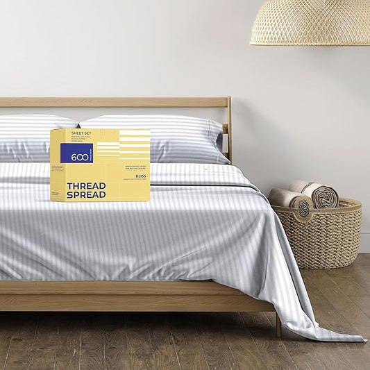 THREAD SPREAD Luxury Egyptian Cotton King Stripe Sheet Set, 600 Thread Count Extra Long Staple 4 PC Set, King White Damask Sheets, Soft, Cooling Sateen Weave Sheets Upto 18" Deep Pocket