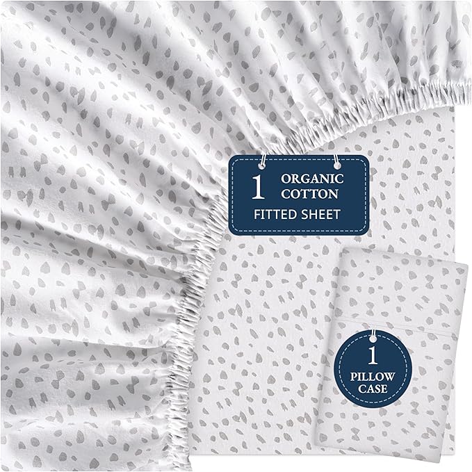 LANE LINEN Twin XL Fitted Sheet, 100% Organic Cotton 2-Piece Set (1 Fitted Sheet, 1 Pillowcase), Percale Weave, Soft, Breathable, Fits Mattress Upto 15" Deep - White (Grey Dot)(No Flat Sheet)
