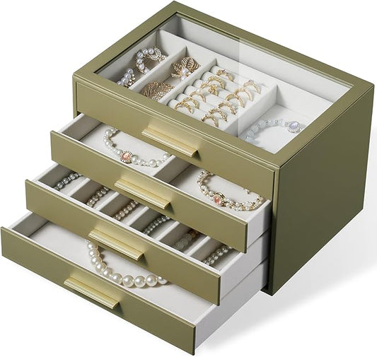 Jewelry Box Organizer Case for Women: 4-Layer Jewelry Storage Case with Glass Window, Olive Green Leather with Cream Velvet, Holder for Ring Necklace Bracelet Brooch Watch, Great Gift for Her