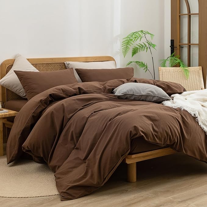 BESTOUCH Duvet Cover Set 100% Washed Cotton Linen Feel Super Soft Comfortable Chic Lightweight 2 PCs Home Bedding Set Solid Cocoa Brown Twin/Twin XL