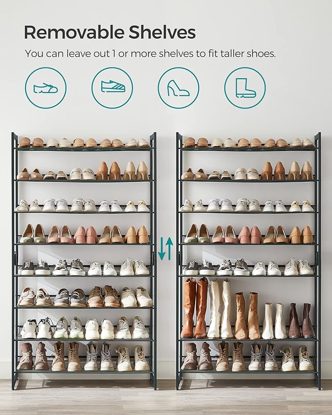 SONGMICS Shoe Rack, 8-Tier Shoe Organizer, Metal Rack for Garage, Set of 2, 4-Tier Stackable Shelf, with Adjustable Flat or Angled Shelves, 32-40 Pairs, Charcoal Gray ULMR08GB