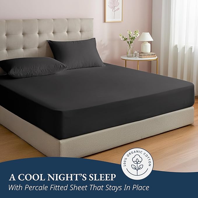 LANE LINEN 100% Organic Cotton Fitted Sheet Queen (+Pillowcases) 3-Piece Set Soft & Comfy Hotel Style Percale Weave Sustainably Produced Queen Size Fitted Sheet only 15" Deep - Black Fitted Sheet