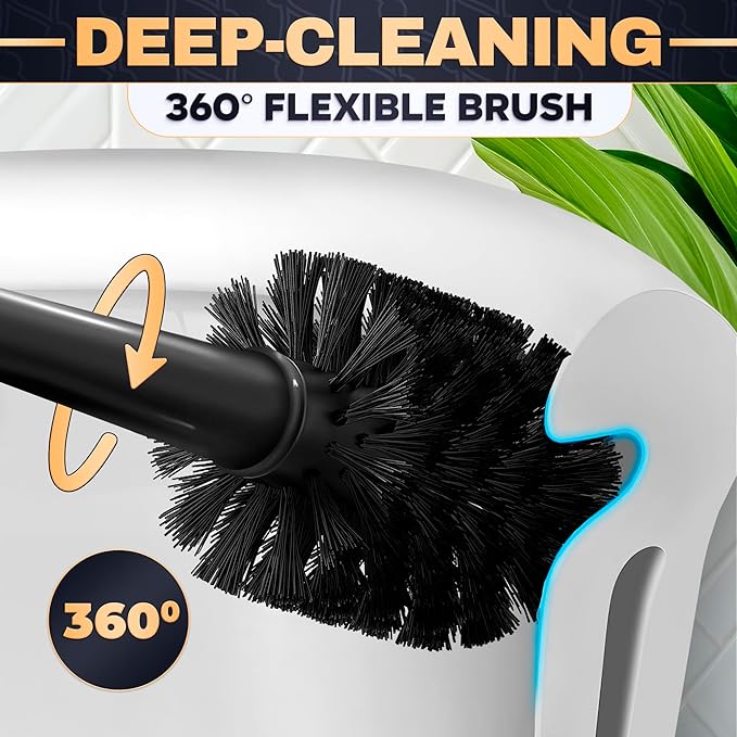 2-in-1 Black Toilet Brush and Plunger Set with Holder – Compact Bathroom Cleaning Combo, Strong Rubber Plunger & Stiff Bristle Brush, Space-Saving Stand, Fits Most Standard Toilets, 9.3×6.3×15.2 inch