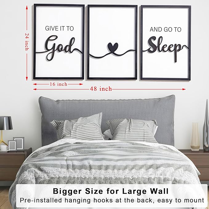 KIOSSUT 3D Wood Framed Black and White Wall Art, 3D Wood Signs Decor for Living Room Bedrom (Ready to Hang, 12 x 16 inches, Art Print) (Give it to God, 24"L x 16"W)