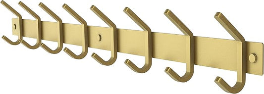 Brushed Gold Wall Mounted Coat Rack – 24 Inch Stainless Steel Rail with 8 Double Coat Hooks for Entryway, Bathroom, Bedroom, Kitchen – Modern Gold Hook Rack for Coats, Hats, Towels