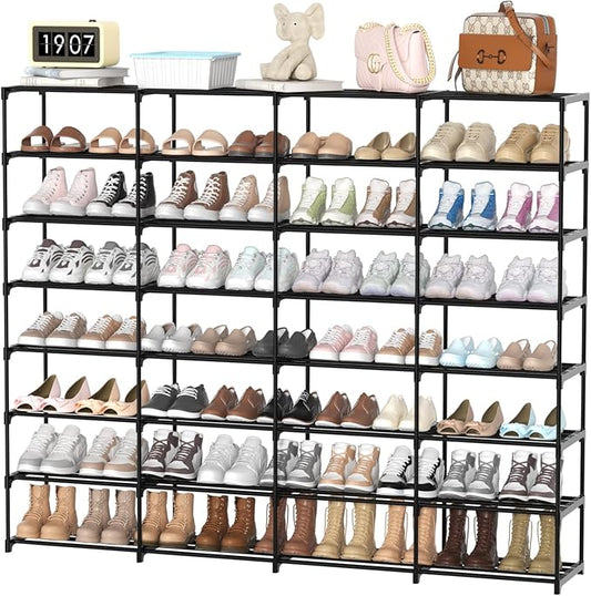 Large Shoe Rack Organizer, 4-Row 8-Tier Tall Shoe Storage Shelf for Closet, Entryway, Garage, Metal Free Standing Shoe Holder for 56-64 Pairs Shoes, Sturdy Stackable Shoe Stand for Bedroom