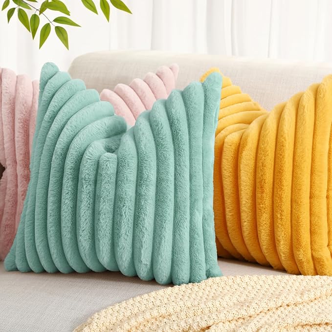 decorUhome Faux Fur Spring Throw Pillow Covers 18x18 Set of 2, Decorative Soft Plush Striped Neutral Couch Pillow Covers with Velvet Back for Sofa, Bed, Living Room Home, Aqua