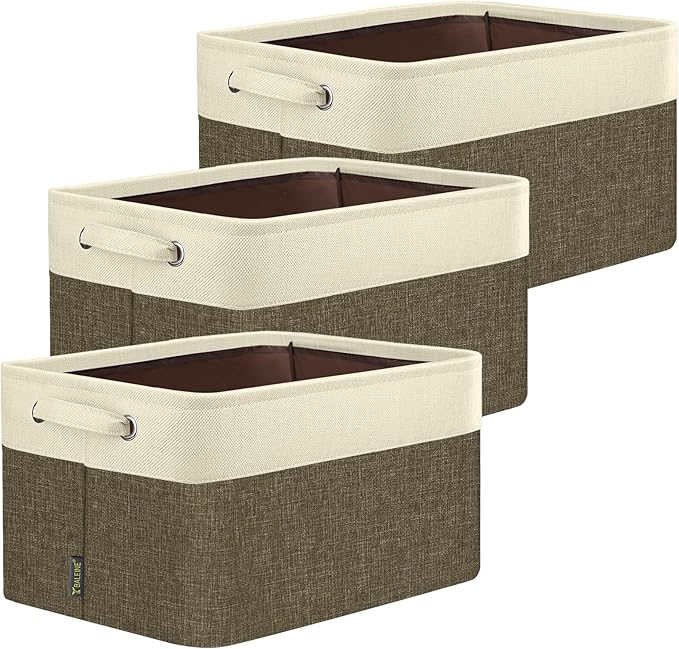 BALEINE 3 Pack Fabric Storage Bins for Shelves, Linen Storage Baskets for Organizing, Decorative Closet Bins for Clothes, Home (Brown, 14''x10''x8.5'')
