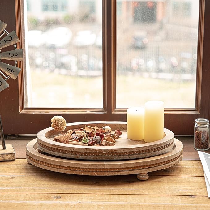 2 Piece Oval Torched Wooden Serving Tray Set with Beaded Design, Centerpiece Table Decorations Tray for Living Room Ottoman, Coffee Table Tray for Farmhouse Home Decor