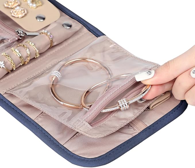 BELALIFE Travel Jewelry Case Organizer, Small Foldable Storage Roll for Earrings, Necklaces, Rings, Bracelets, Brooches, Blue-Gray