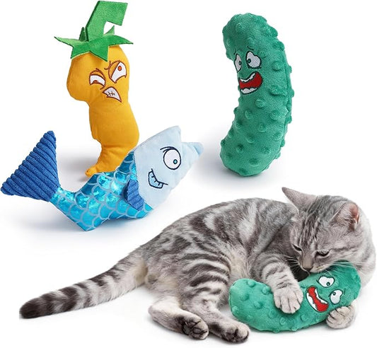 Catnip Toys Set of 3 – Fish, Chili Pepper and Cucumber Plush Cat Toys for Indoor Cats, Natural Catnip Filled Interactive Chew and Teething Toys for Kittens