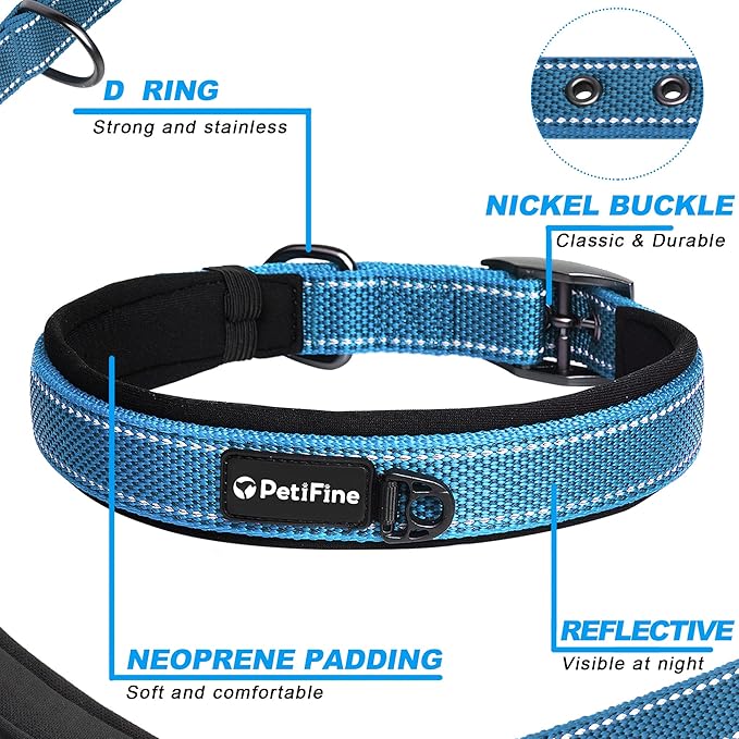 PetiFine Dog Collars for Medium Dogs, Neoprene Padded and Adjustable, Reflective Wide Heavy Duty Pet Collars with Durable Metal Belt Buckle for Walking, Blue, M