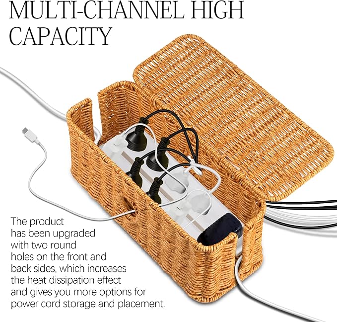 Rattan Cable Management Box Handwoven Cord Organizer Box, 4 Open Slots Cords Hider Box Under Desk Cable Management Suitable for TV Cables Computers Routers Power Cords to Hide and Organize