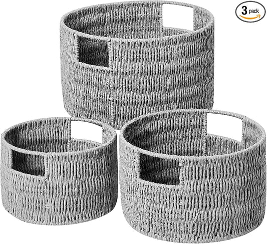 Vagusicc Wicker Storage Basket, Hand-Woven Paper Rope Large Round Woven Basket With Handles, Wicker Baskets for Organizing/Storage, Grey, 3-Pack