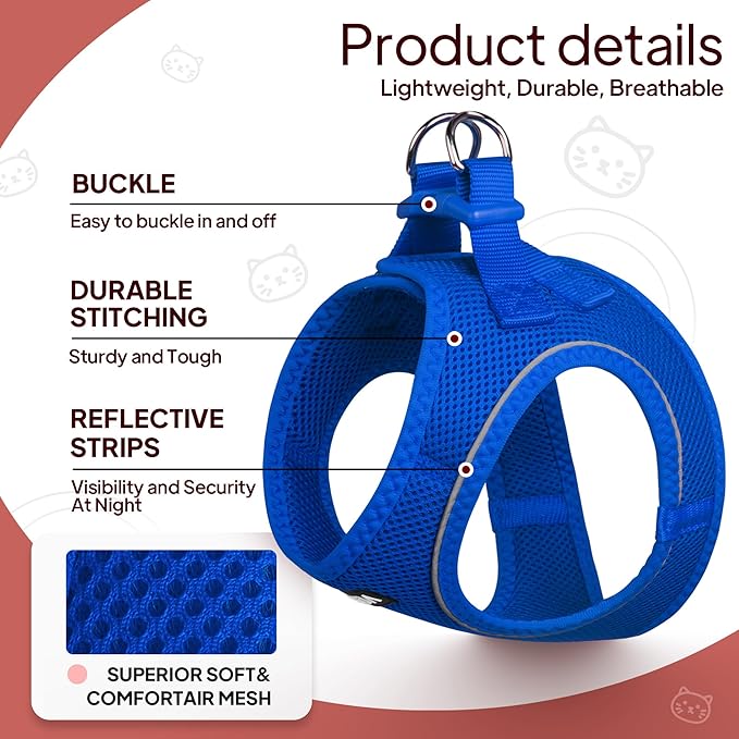 TwoEar Dog Vest Harness Reflective, No-Pull Pet Harness Easy Control with Breathable Mesh, Soft Puppy Step-in Harness No-Choke for Outdoor Walking, Training for Small Dogs, Cats(XS, Blue)