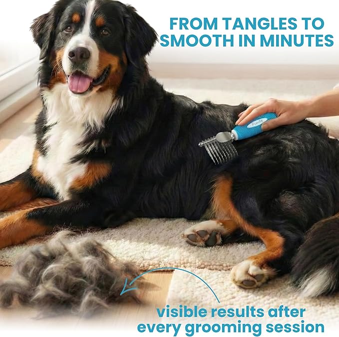 Poodle Dematting Fur Rake Comb Brush for Dogs and Cats - Long 2.5" Steel Safety Blades Metal Comb for Detangling Matted or Knotted Undercoat Hair