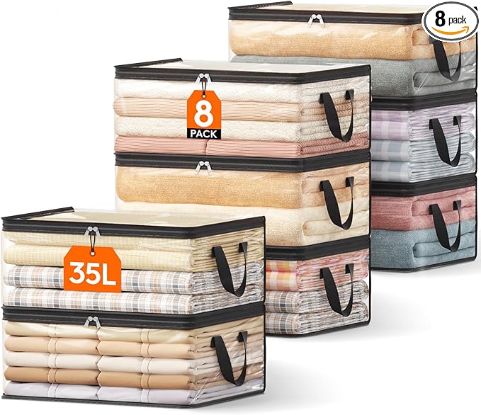 Lifewit 8 Pack Clear Clothes Storage Bags, 35L Plastic Vinyl Foldable Moving Bags with Zipper and Reinforced Handles, Closet Organizers and Storage Containers for Blanket, Sweaters, Coats, T-shirts