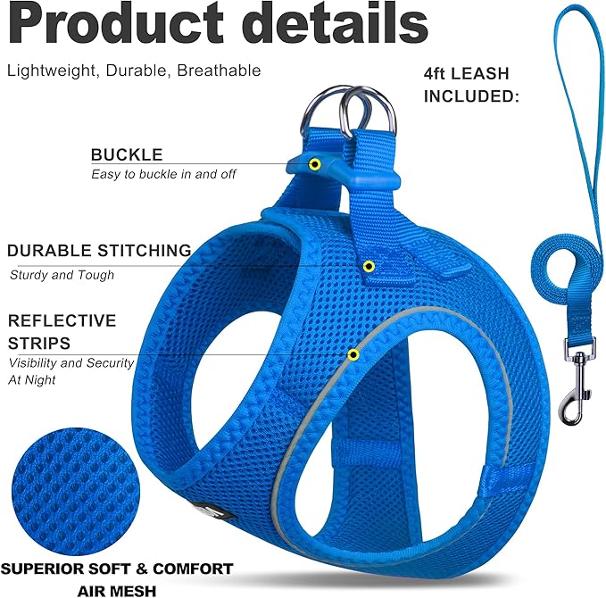 Fida Comfy Dog Harness with Leash, Soft Puppy Vest Escape Proof, Breathable Lightweight Soft Mesh, Adjustable Reflective Step-in Harness for Cat & Extra-Small Pet (XS, Blue)