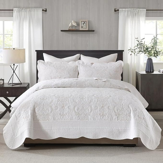 100% Cotton Quilt Set King Size - Embroidery Quilted Comforter, Floral Damask Vintage King Quilt Bedspreads, Chic Reversible Lightweight Bedding King Bed Spread, 3pcs, White/Beige