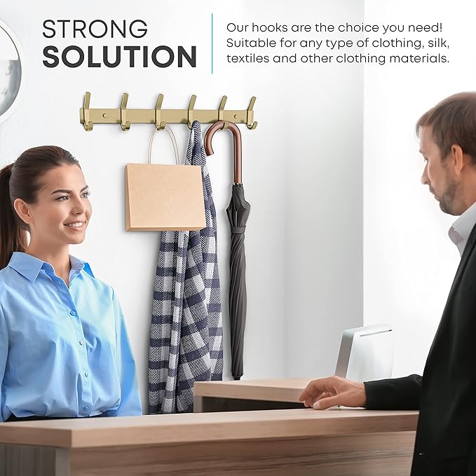 Brushed Gold Wall Mounted Coat Rack – 17 Inch Stainless Steel Rail with 6 Double Coat Hooks for Entryway, Bathroom, Bedroom, Kitchen – Modern Gold Hook Rack for Coats, Hats, Towels