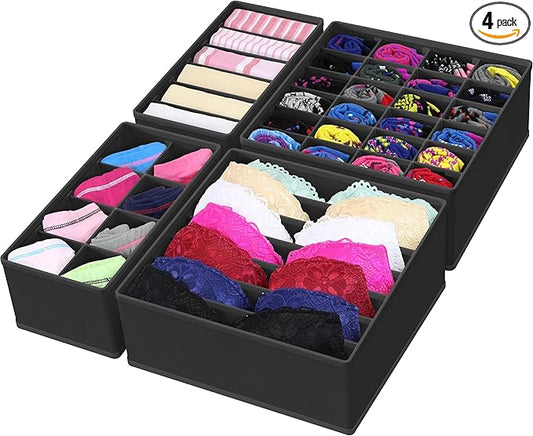 Simple Houseware 4-Pack Drawer Organizer Set - Closet Dividers for Underwear, Socks, Bras, Scarves, Ties - Foldable Non-Woven Storage Boxes, Black