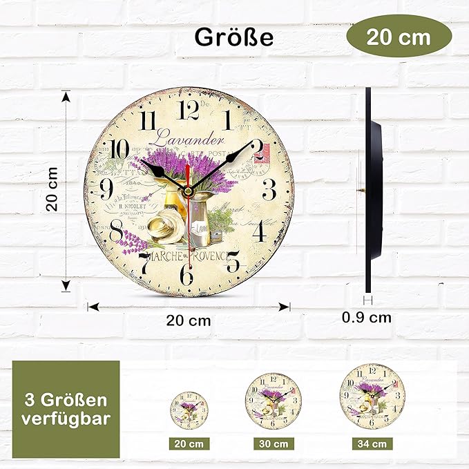 TAHEAT Lavender Wall Clock, Small Vintage Floral Provence Kitchen Clocks, Retro Rustic Battery Operated Wall Clocks for Living Room Bedroom Bathroom Office, 8 Inch