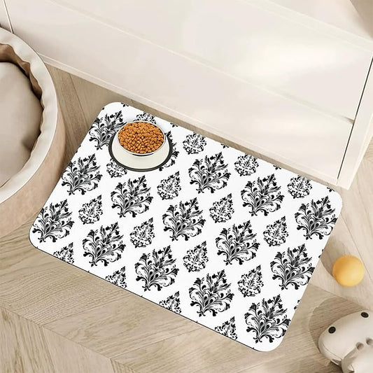 Vintage Damask Flower Dog Cat Food Mat,White Black Floral Absorbent Pet Feeding Mat for Food and Water,Non-Slip Dog Bowl Mats Floor Protector 16"x24"