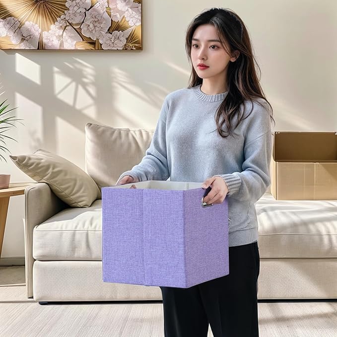Foldable Cube Storage Bin Organizing Baskets Cubby Boxes Fabric Storage Cubes Organizer Bins with Handles for Organization Shelf Closet, 11"x11"x11", Pack of 4, Purple