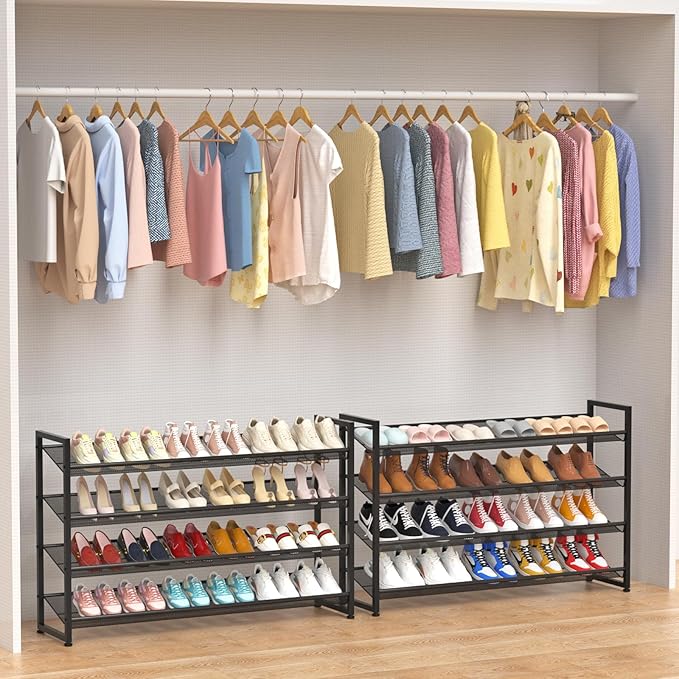 Large Shoe Rack 8 Tier Shoe Organizer, Heavy Duty Metal 4-Tier Stackable Shoe Storage Vertical Shoe Rack for Closet Front Door Entrance, Up to 50 Pairs, 44.8" W x 11.4" D x 56.7" H, Black