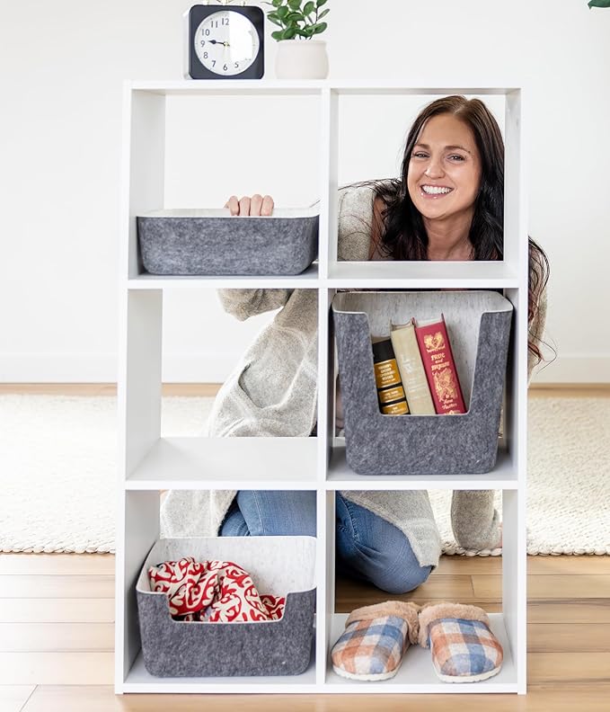 Three by Three Seattle felt·like·it!™ Medium Cubby Storage Bin Set of 2 with Dividers – Eco-Friendly Recycled Felt Bins for Home & Office Organization, Charcoal