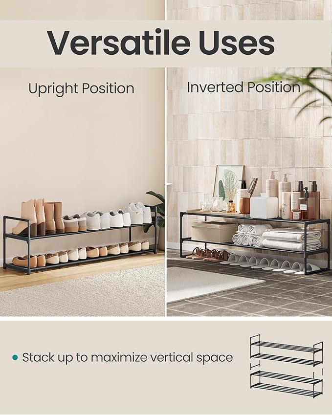SONGMICS Shoe Rack, 2-Tier Shoe Organizer, Metal Storage Shelf, Upright or Upside Down, for 15-18 Pairs, Stackable, for Entryway, 11.8 x 46.1 x 13.4 Inches, Black ULSA032B01