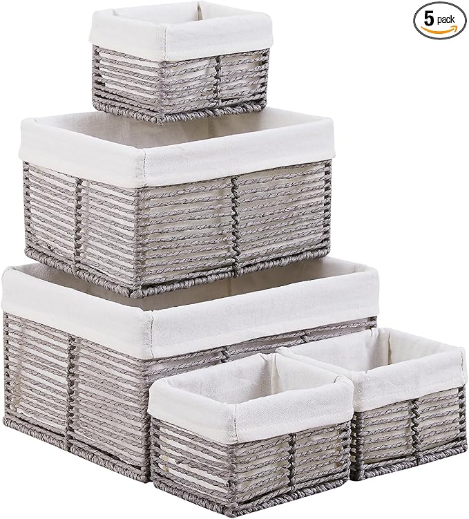 Vagusicc Wicker Storage Basket, Hand-Woven Paper Rope Wicker Baskets, Rectangular Small Wicke Baskets for Organizing, Cube Storage Bins for Closet/Clothes/Dresser, Grey, 5-Pack