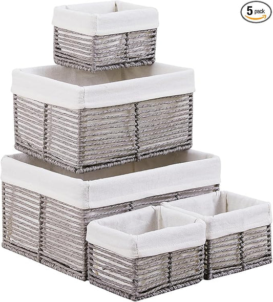 Vagusicc Wicker Storage Basket, Hand-Woven Paper Rope Wicker Baskets, Rectangular Small Wicke Baskets for Organizing, Cube Storage Bins for Closet/Clothes/Dresser, Grey, 5-Pack