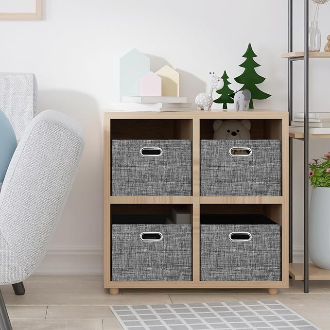 Posprica Closet Storage Bins, 4 Pack Closet Shelf Organizers, Linen Fabric Decorative Storage Baskets for Organizing, Foldable Storage Box for Clothes, Toy, 15x10.5x8.25 Inch (Black)