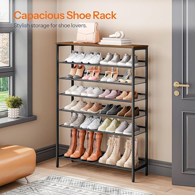 HOOBRO 8 Tier Shoe Rack, 39.4"L Shoe Shelf, Large Capacity Shoe Storage Organizer for 30+ Pairs of Shoes, Front Door Entrance, Entryway, Hallway, Closet, Space Saver, Rustic Brown and Black BF118XJ01
