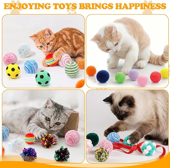 Leitee 100 Pcs Cat Toy Balls Bulk with 1 Cat Paw Gift Storage Bags Set - Variety Interactive Kitten Toys Bundle with Crinkle Ball, Balls, Bells for Kittens and Indoor Cats Chase Pounce Rattle Play