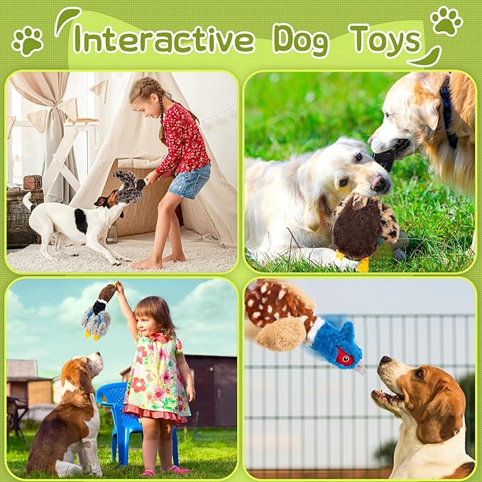 Extra-Plush Duck Dog Toy with 2 Squeakers & Crinkle – No Stuffing Gentle Chewer Squeaker for Calming Play, Soft Toy for Puppies to Senior Dogs (Long Pile, Brown & Grey)