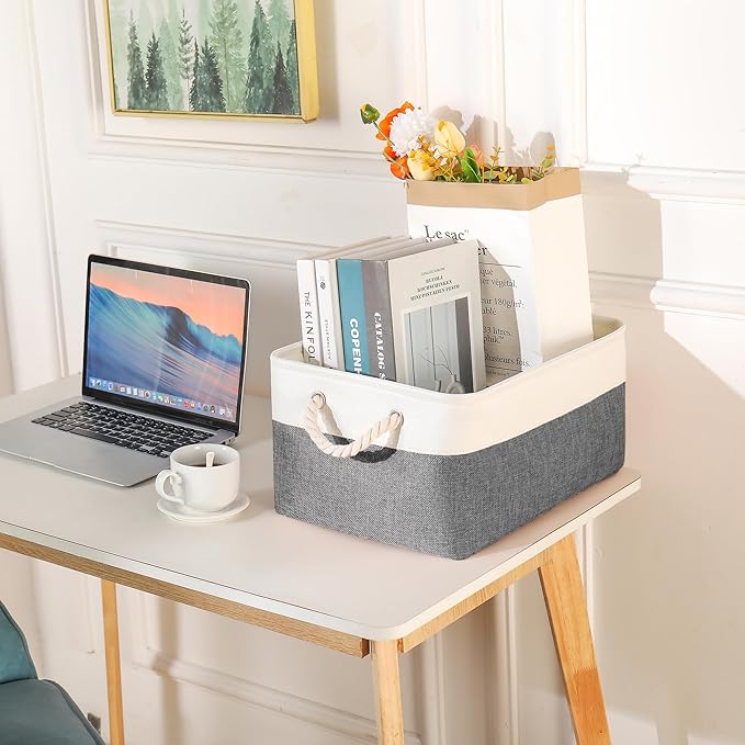 Storage Bins with Sturdy Cotton Handles(1 Pack), Fabric Storage Baskets for Organizing use for Office & Home, Book, Clothes, Toys, Closet Boxes (Small, Grey-White, 12.2x8.3x6.3 inches)