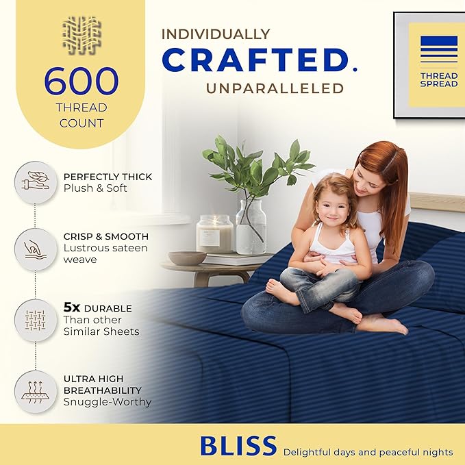 THREAD SPREAD Luxury Egyptian Cotton Twin Stripe Sheet Set - 600 Thread Count Extra Long Staple 3 PC Set, Twin Damask Sheets, Soft, Cooling Sateen Weave Striped Sheets Upto 18" Deep Pocket - Navy Blue