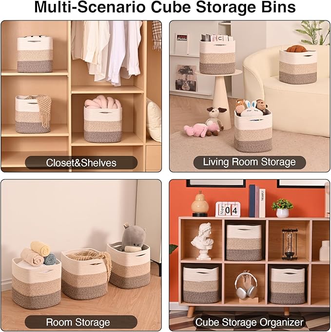 13 Inch Cube Closet Storage Bins, Woven Cotton Rope Organizer Baskets for Organizing & Shelves, Books, Towels, Clothes, Toys, 13x13x13 in, Gradient Brown (Pack of 3)