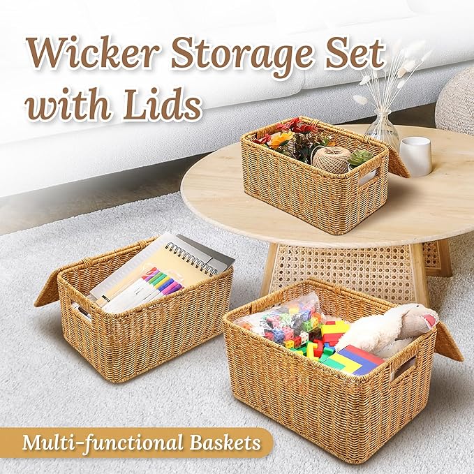 Baskets with Handles, Wicker Storage, Shelf Boxes for Organizing, Stackable Woven Bins, Decorative Lidded Resin, Set of 3, Amber