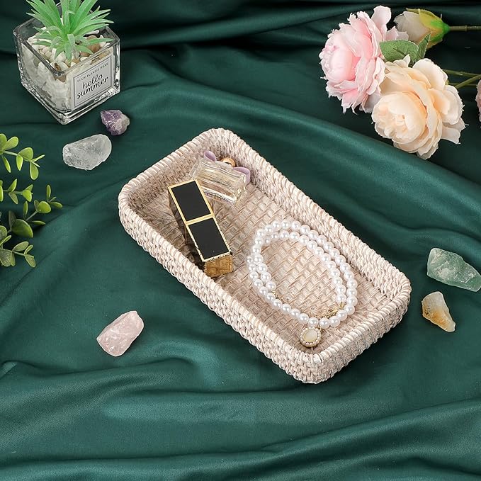 Hipiwe Rattan Key Tray Handwoven Wicker Baskets for Entryway Table Vanity Decorative Serving Tray for Candy Rectangular Fruit Basket, Whitewash
